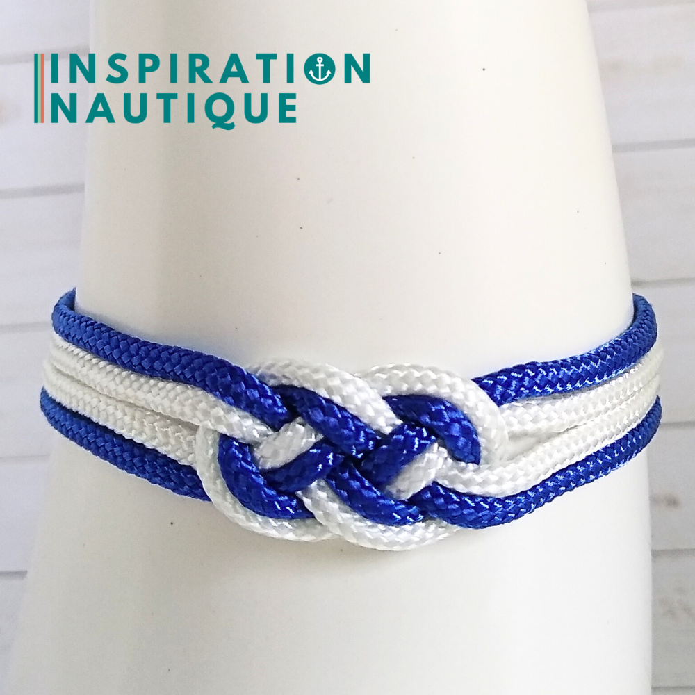 Bracelet marin avec mini noeud de carrick double, Bleu et blanc, Medium