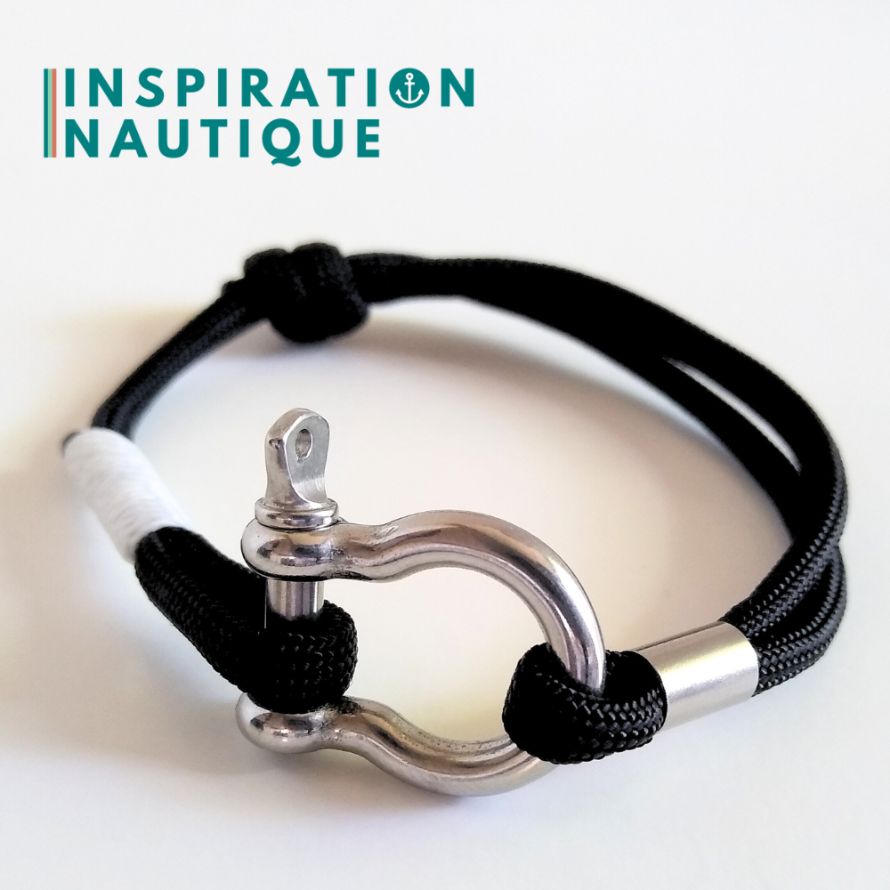 Bracelet marin avec manille en paracorde 550 et acier inoxydable, ajustable, Noir, surliure blanche, Medium