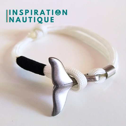 Bracelet marin avec queue de baleine en paracorde 550 et acier inoxydable, ajustable, Blanc, surliure noire, Medium