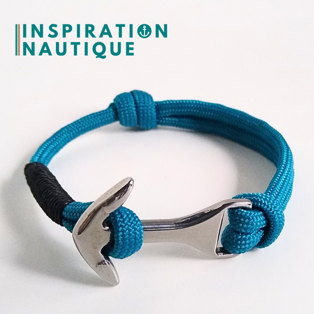 Bracelet marin avec ancre moyenne en paracorde 550 et acier inoxydable, ajustable, Bleu Caraïbes, surliure noire, Medium