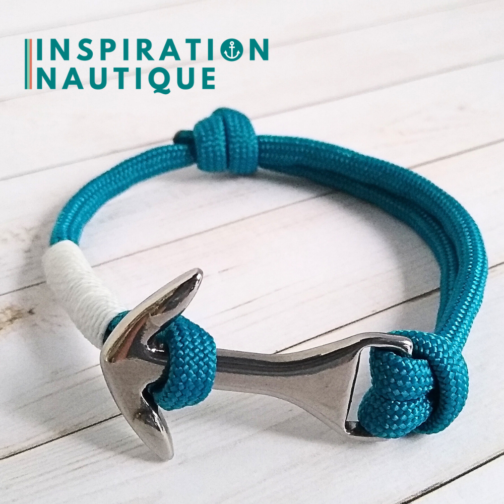 Bracelet marin avec ancre moyenne en paracorde 550 et acier inoxydable, ajustable, Bleu Caraïbes