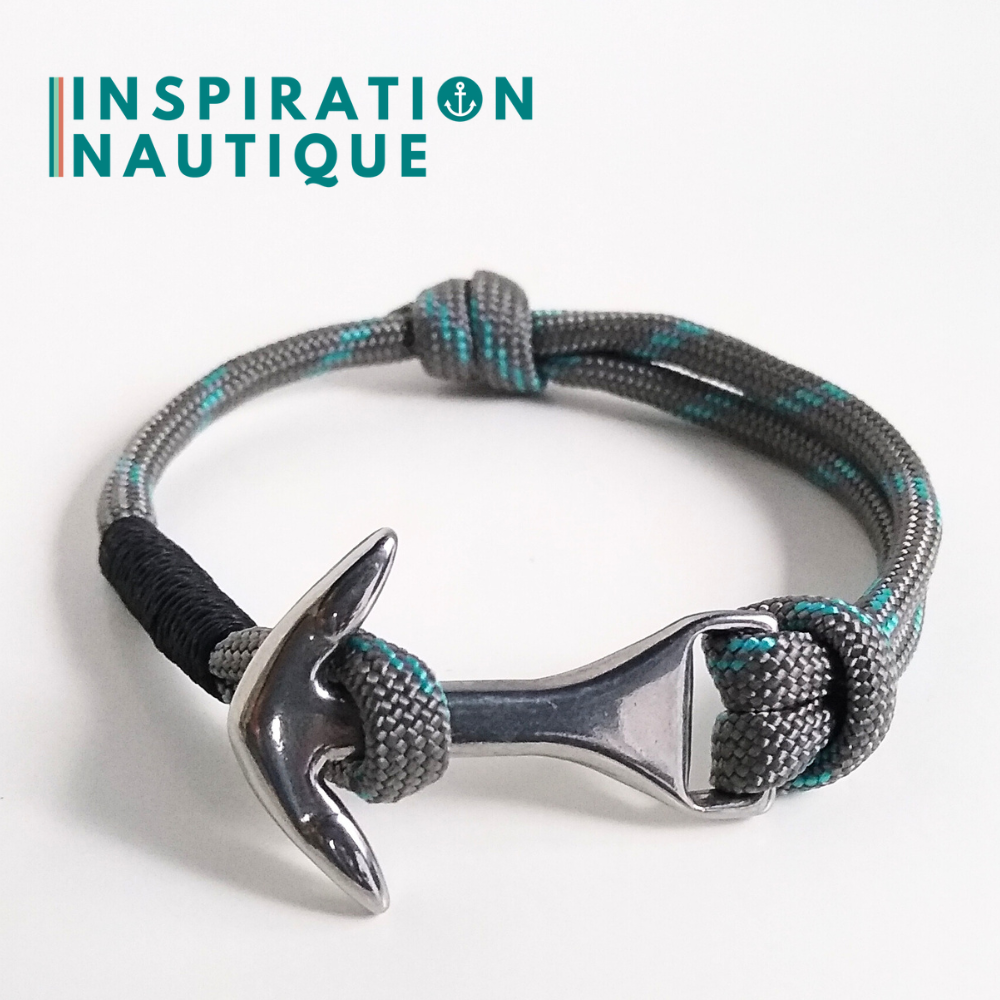 Bracelet marin avec ancre moyenne en paracorde 550 et acier inoxydable, ajustable, Gris avec traceur turquoise