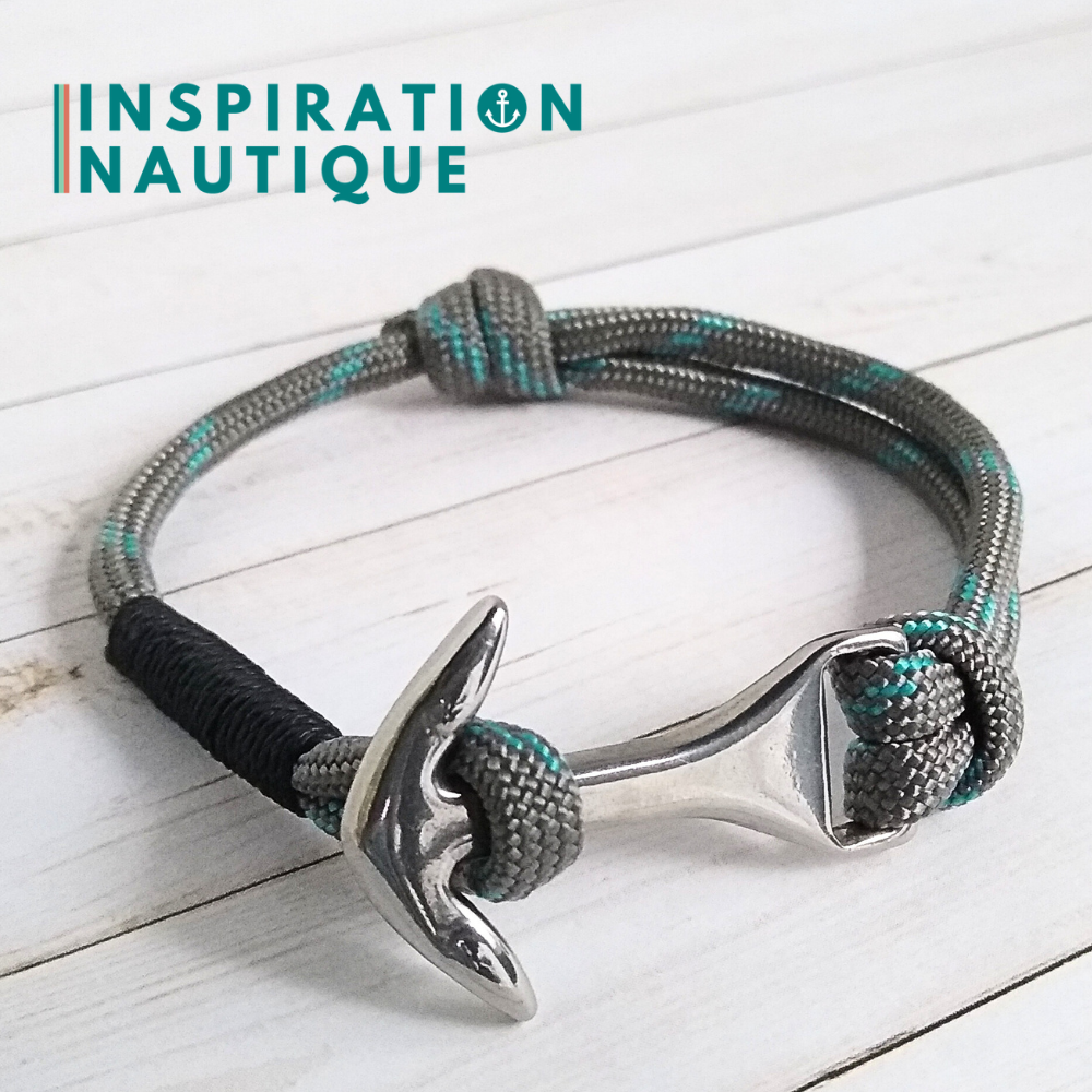 Bracelet marin avec ancre moyenne en paracorde 550 et acier inoxydable, ajustable, Gris avec traceur turquoise