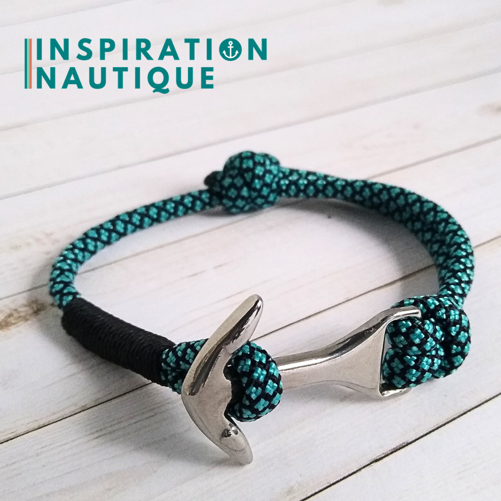 Bracelet marin avec ancre moyenne en paracorde 550 et acier inoxydable, ajustable, Turquoise et noir diamants, surliure noire, Medium