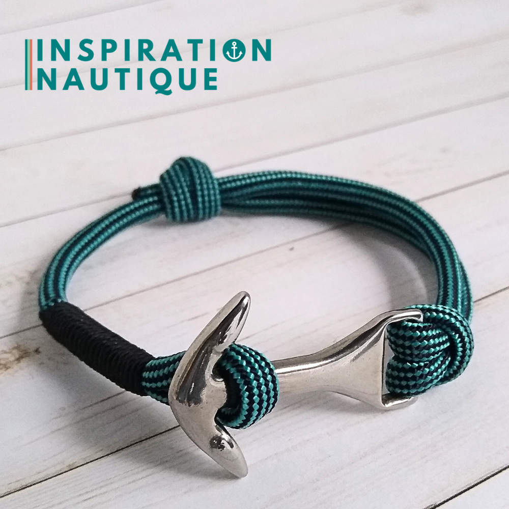 Bracelet marin avec ancre moyenne en paracorde 550 et acier inoxydable, ajustable, Turquoise et noir ligné, surliure noire, Medium