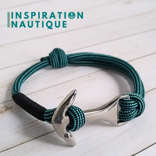 Bracelet marin avec ancre moyenne en paracorde 550 et acier inoxydable, ajustable, Turquoise et noir ligné