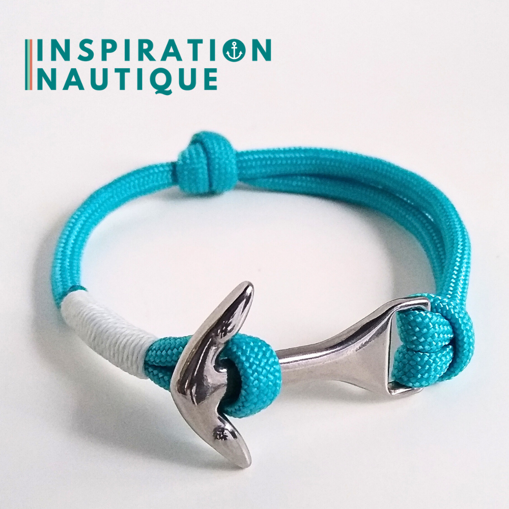 Bracelet marin avec ancre moyenne en paracorde 550 et acier inoxydable, ajustable, Turquoise, surliure blanche, Medium