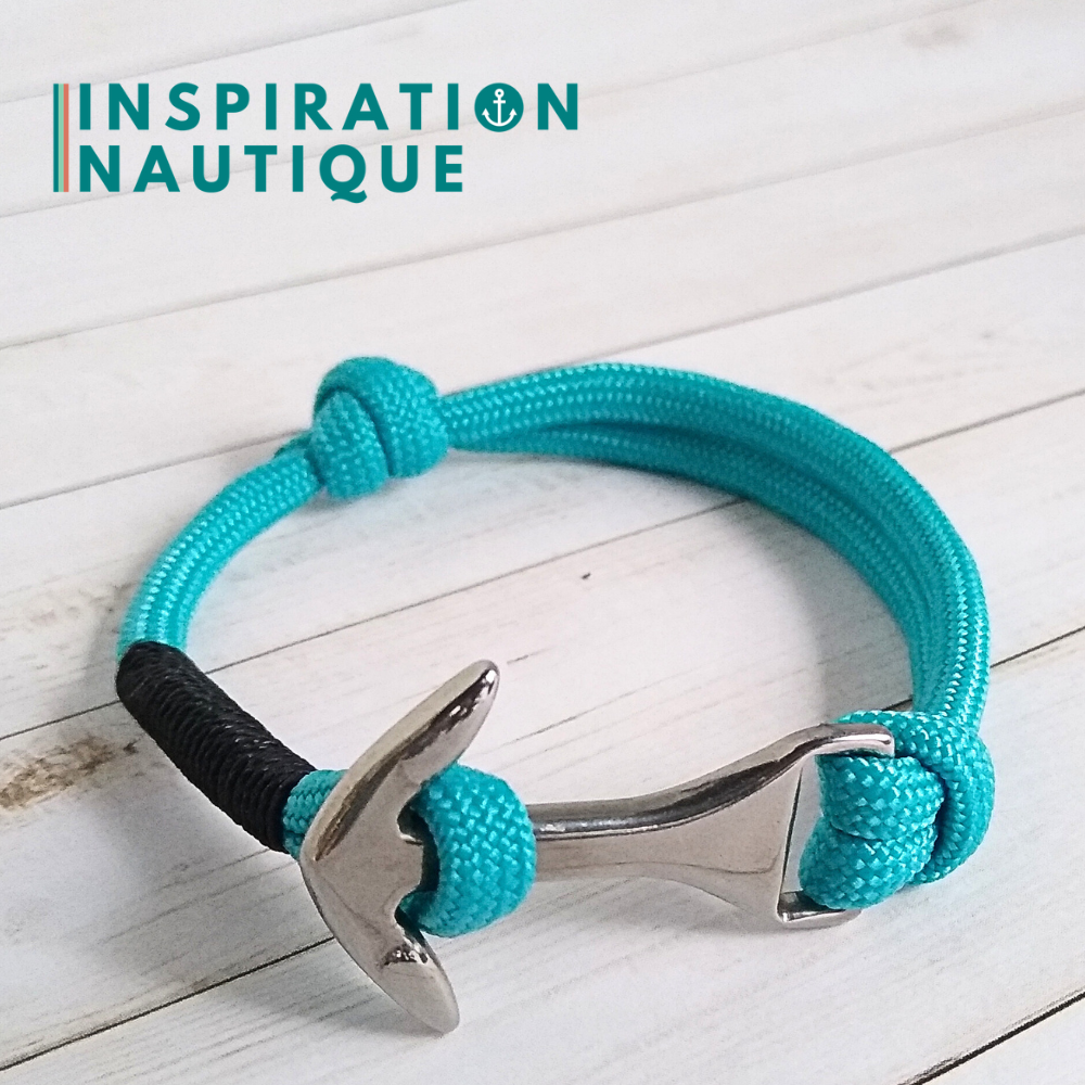Bracelet marin avec ancre moyenne en paracorde 550 et acier inoxydable, ajustable, Turquoise, surliure noire, Medium