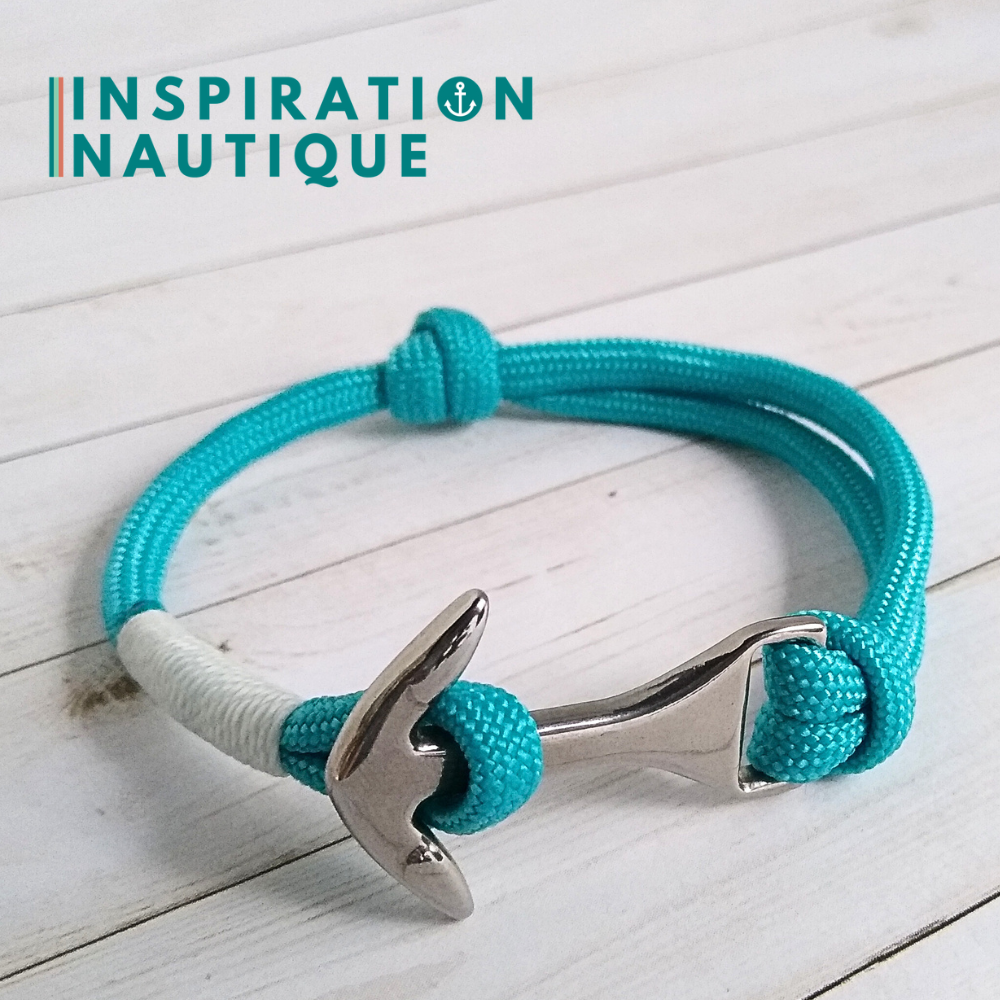 Bracelet marin avec ancre moyenne en paracorde 550 et acier inoxydable, ajustable, Turquoise, surliure blanche, Medium
