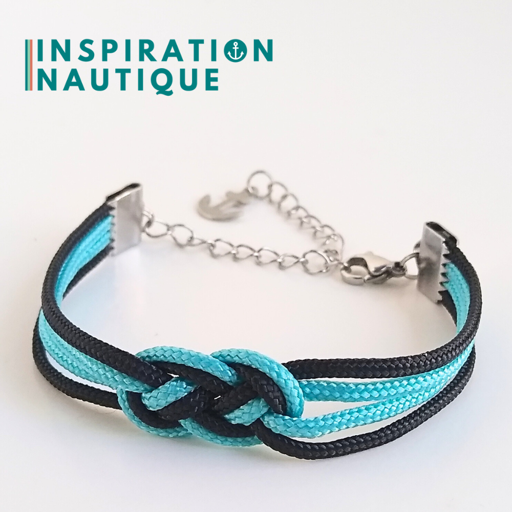 Bracelet marin avec mini noeud de carrick double, Turquoise et noir