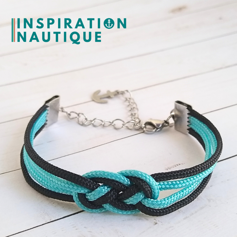 Bracelet marin avec mini noeud de carrick double, Turquoise et noir