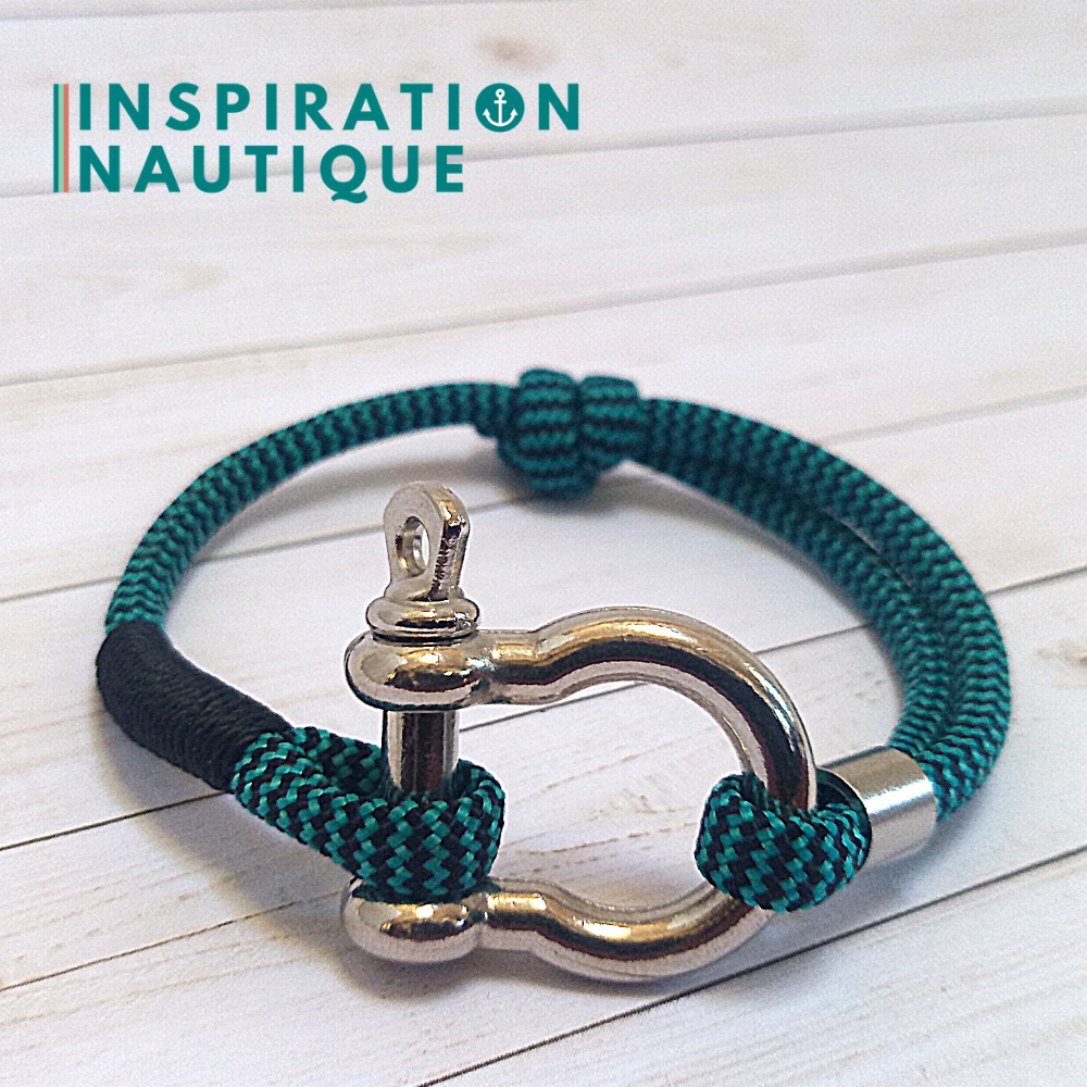 Bracelet marin avec manille en paracorde 550 et acier inoxydable, ajustable, Turquoise et noir, zigzags, surliure noire, Medium