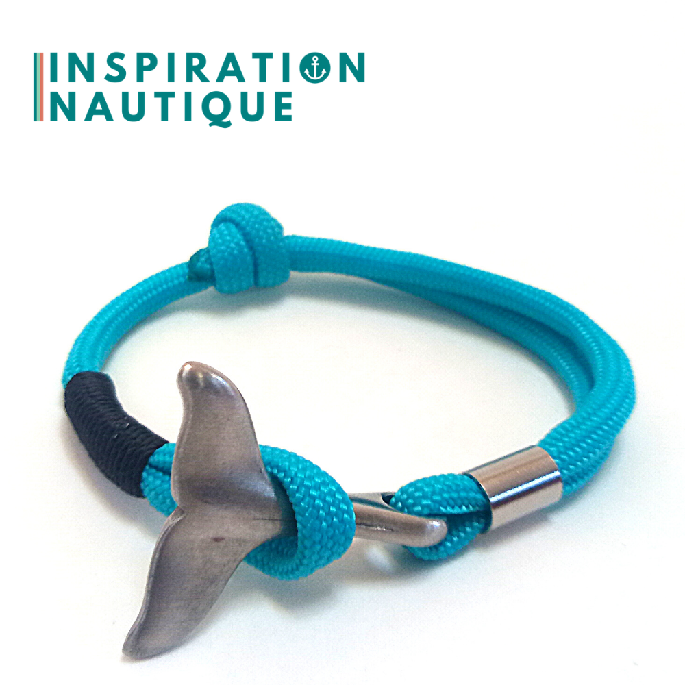 Bracelet marin avec queue de baleine en paracorde 550 et acier inoxydable, ajustable, Turquoise, Surliure noire, Small