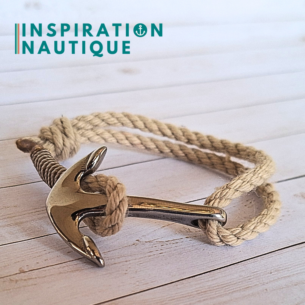 Bracelet marin avec ancre en cordage de bateau et acier inoxydable, ajustable, Naturel, Surliure brune et blanche, Medium