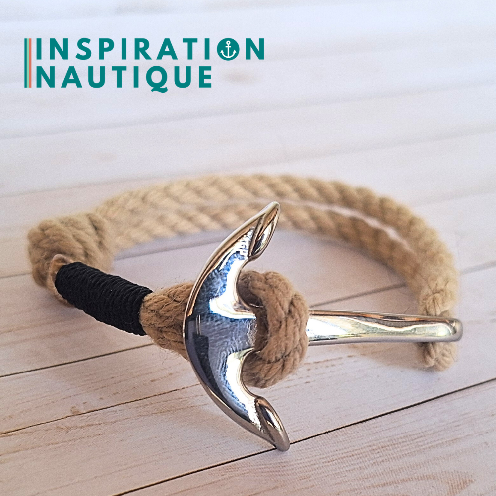 Bracelet marin avec ancre en cordage de bateau authentique et acier inoxydable, ajustable, Naturel, surliure Marine foncé, Medium