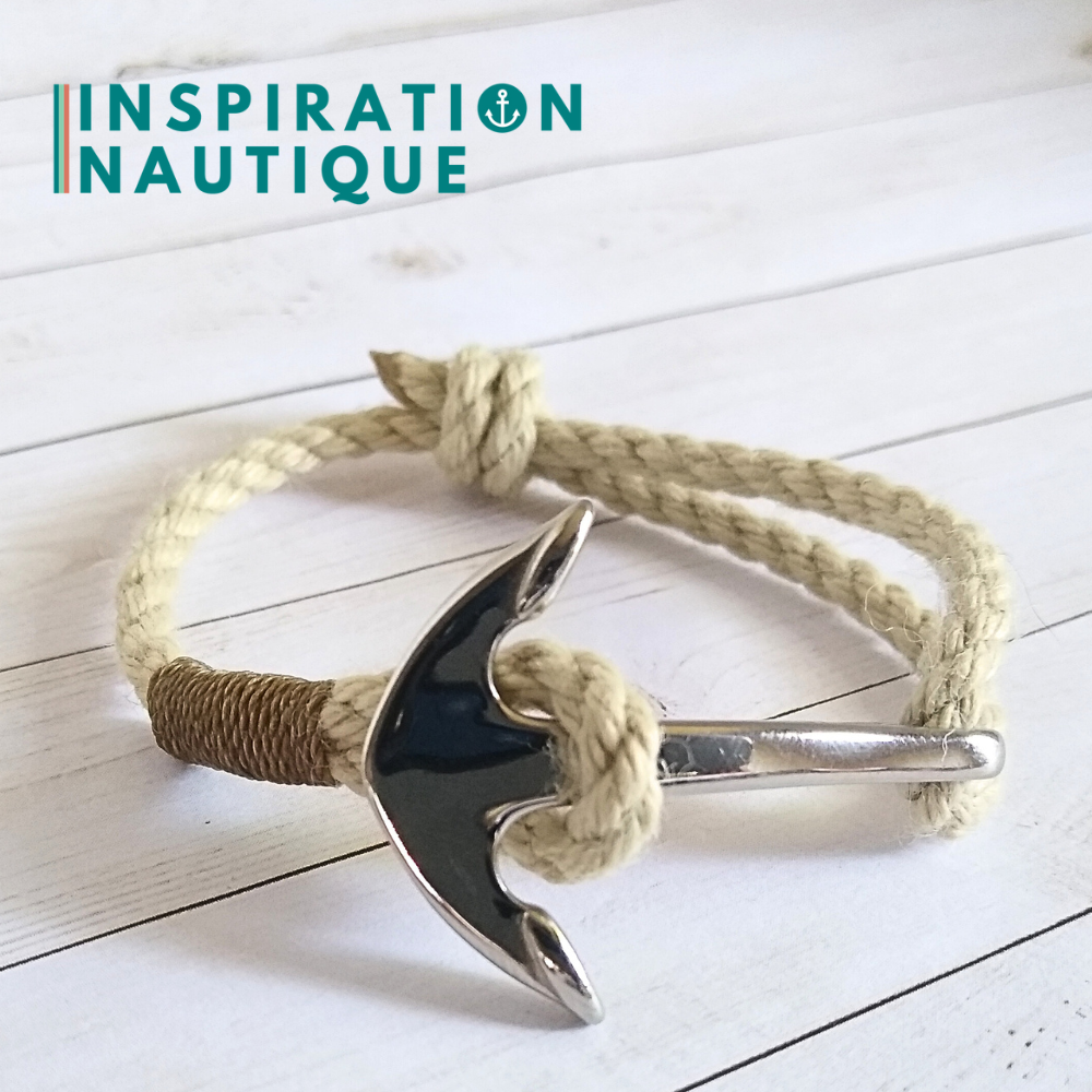 Bracelet marin avec ancre en cordage de bateau et acier inoxydable, ajustable, Naturel, Surliure brune, Medium