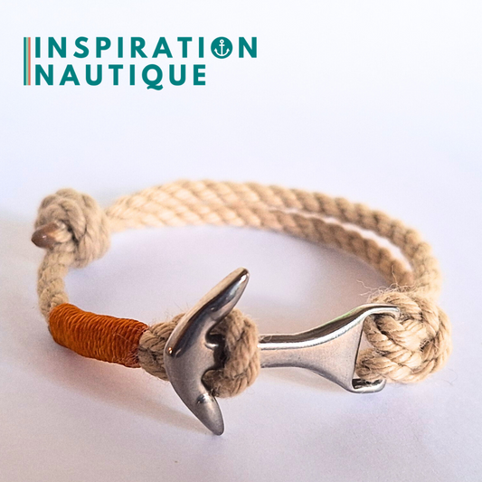 Bracelet ancre moyenne ajustable en cordage de bateau vintage et acier inoxydable, Naturel, surliure jaune, Medium