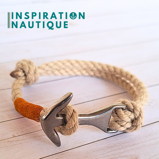 Bracelet ancre moyenne ajustable en cordage de bateau vintage, Naturel et couleurs maritimes
