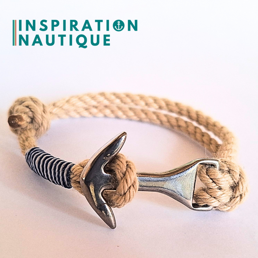 Bracelet ancre moyenne ajustable en cordage de bateau vintage et acier inoxydable, Naturel, surliure marine et blanche, Medium