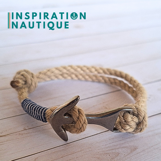 Bracelet ancre moyenne ajustable en cordage de bateau vintage, Naturel et couleurs classiques