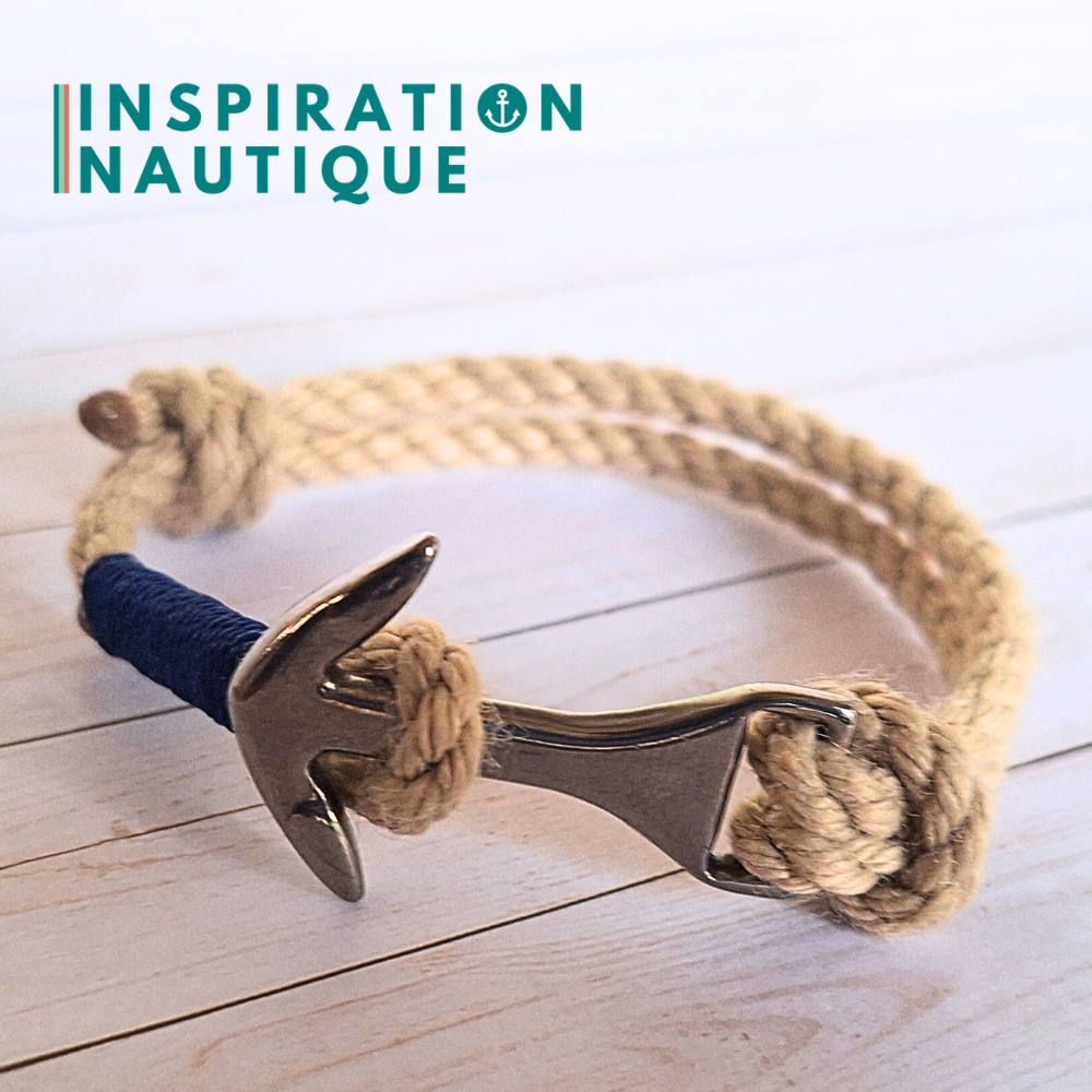 Bracelet ancre moyenne ajustable en cordage de bateau vintage et acier inoxydable, Naturel, surliure marine foncé, Medium