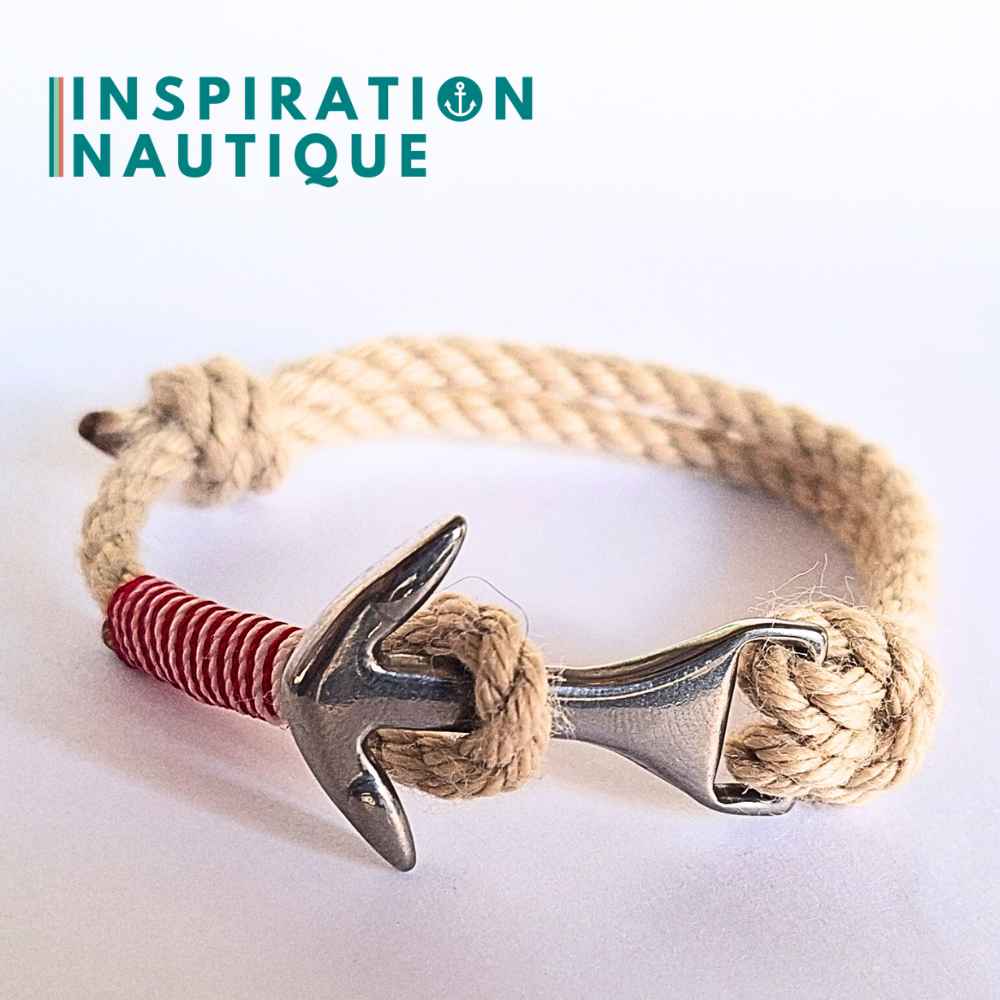 Bracelet ancre moyenne ajustable en cordage de bateau vintage et acier inoxydable, Naturel, surliure rouge et blanche, Medium