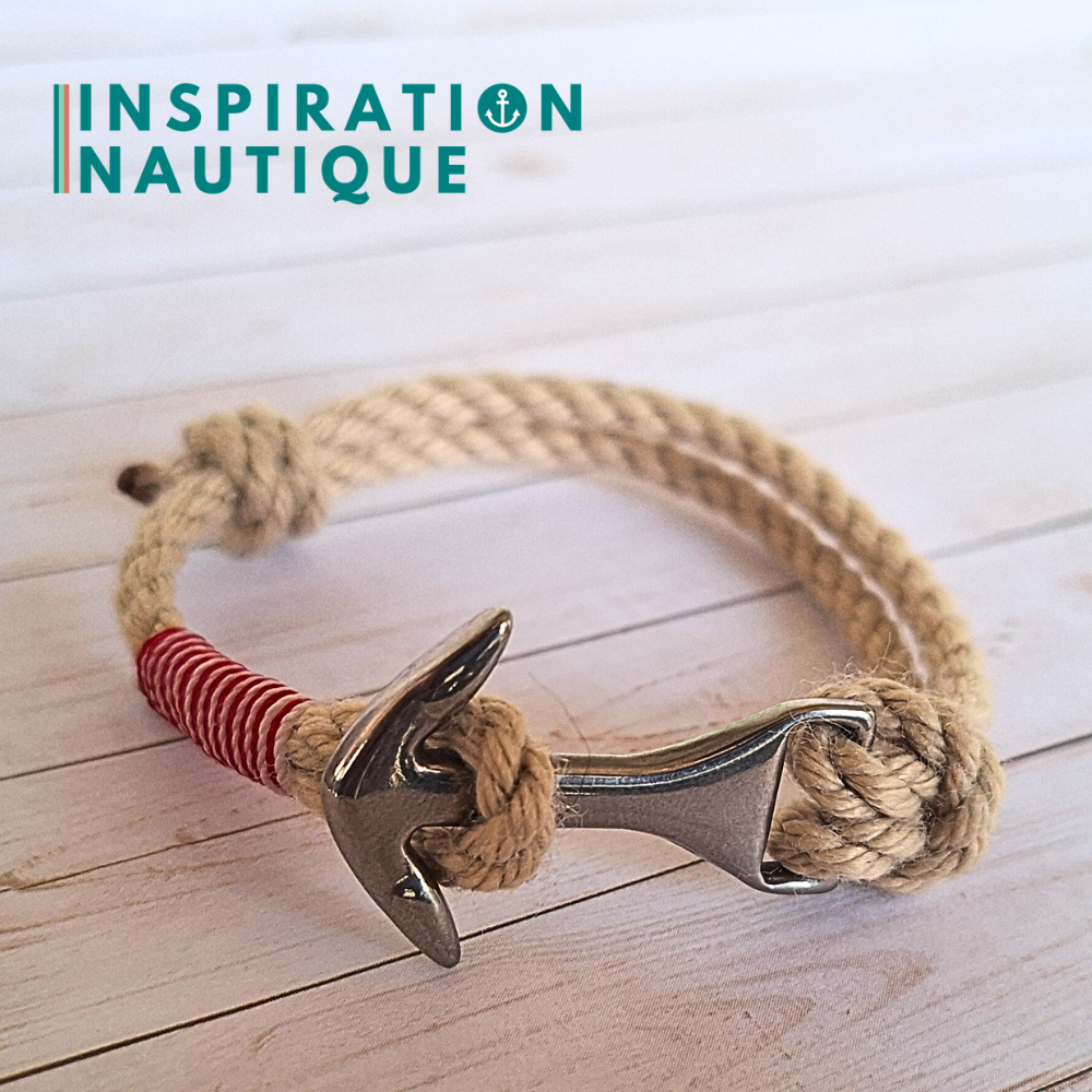 Bracelet ancre moyenne ajustable en cordage de bateau vintage et acier inoxydable, Naturel, surliure rouge et blanche, Medium