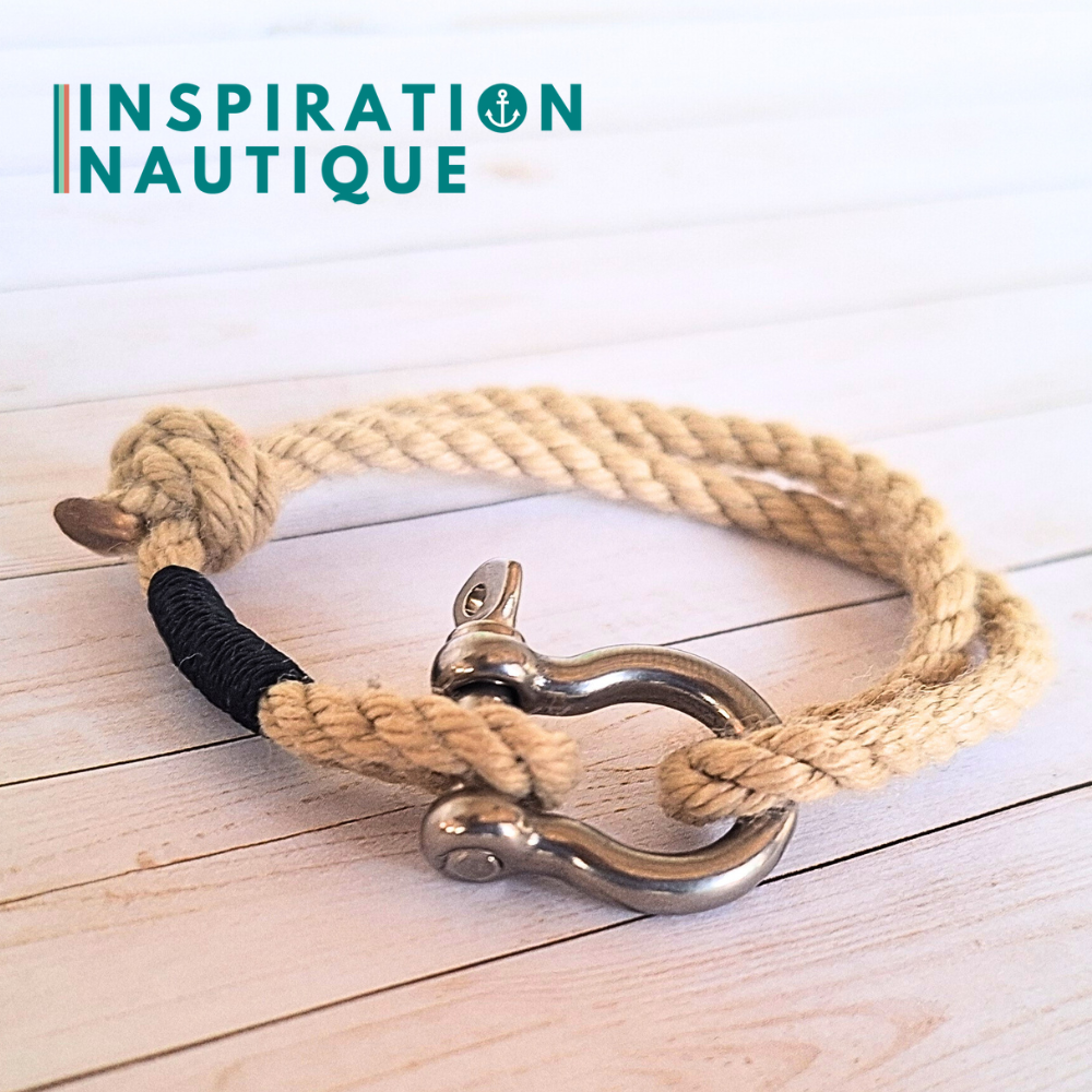 Bracelet marin avec manille en cordage de bateau et acier inoxydable, ajustable, Naturel, surliure Marine foncé, Medium