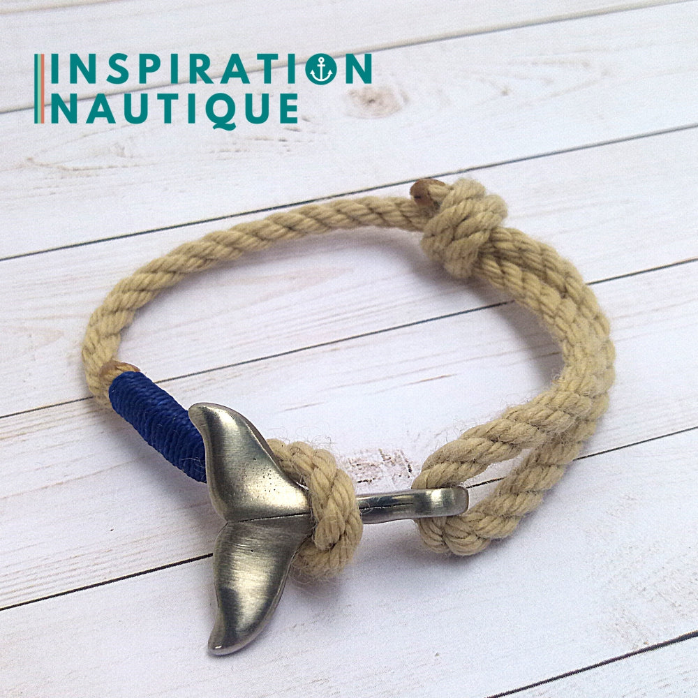 Bracelet marin avec queue de baleine en cordage de bateau vintage et acier inoxydable, ajustable, Naturel, Surliure marine, Medium