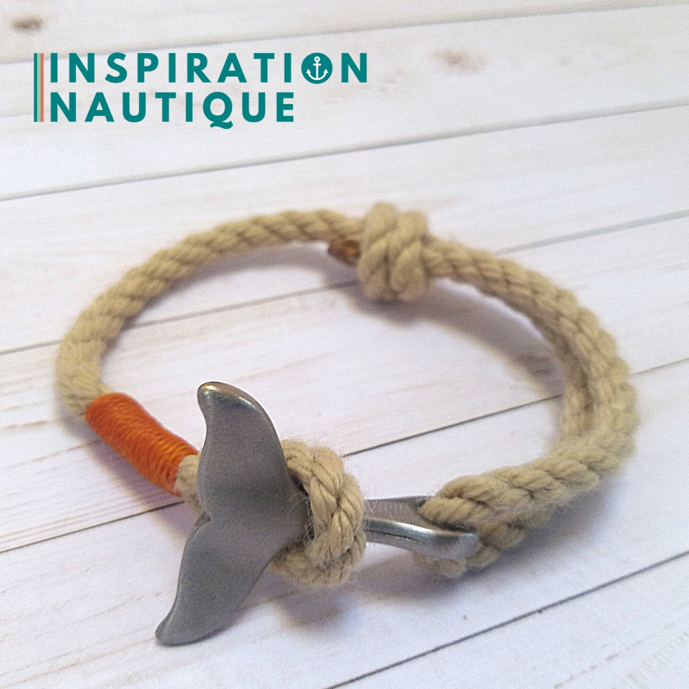 Bracelet marin avec queue de baleine en cordage de bateau vintage et acier inoxydable, ajustable, Naturel, surliure jaune, Medium