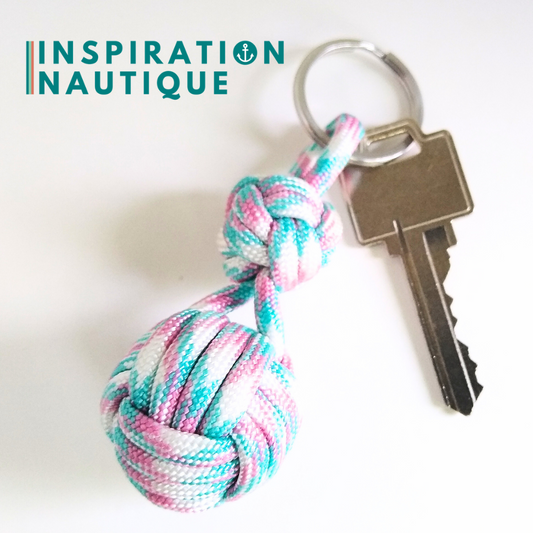Porte-clé noeud poing de singe et double noeud de sifflet de bosco, Turquoise, rose et blanc