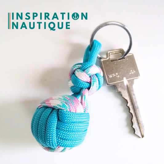 Porte-clé noeud poing de singe et double noeud de sifflet de bosco, Turquoise, et turquoise, rose et blanc