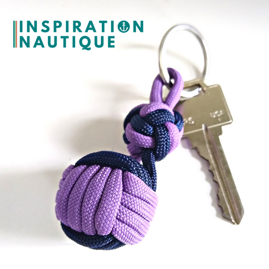 Porte-clé noeud poing de singe et double noeud de sifflet de bosco, Lilas et marine
