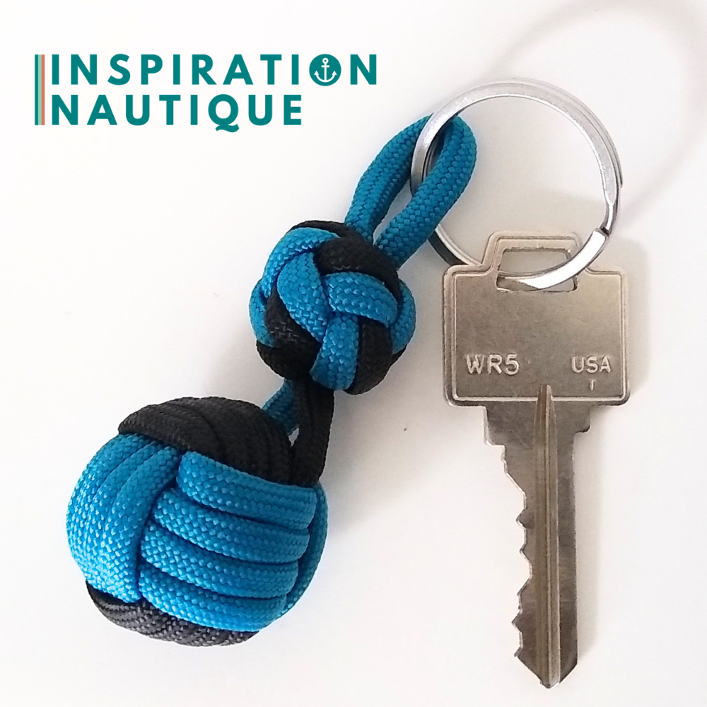 Porte-clé noeud poing de singe et double noeud de sifflet de bosco, Bleu Caraïbes et noir