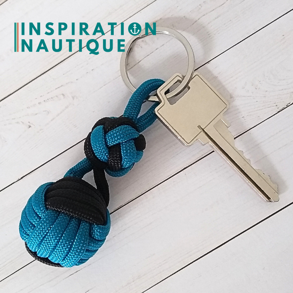 Porte-clé noeud poing de singe et double noeud de sifflet de bosco, Bleu Caraïbes et noir