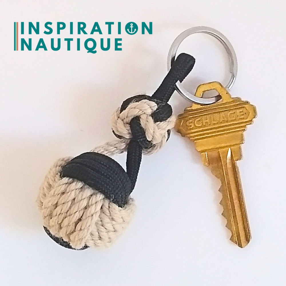Porte-clé noeud poing de singe et double noeud de sifflet de bosco en cordage de bateau vintage et paracorde, naturel et noir