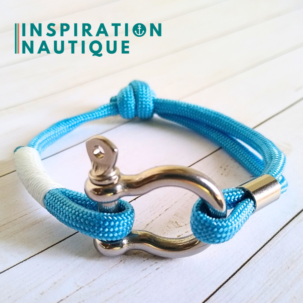 Bracelet marin avec manille en paracorde 550 et acier inoxydable, ajustable, Bleu pâle, surliure blanche, Medium