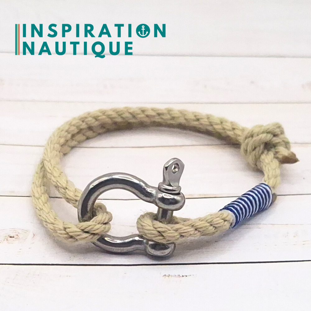 Bracelet marin avec manille en cordage de bateau et acier inoxydable, ajustable, Naturel, surliure Marine et blanche, Medium