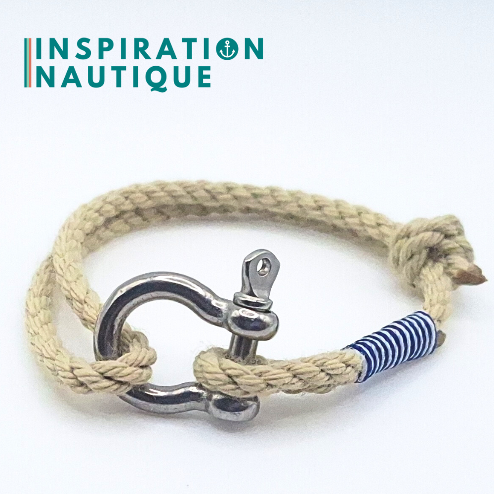 Bracelet marin avec manille en cordage de bateau et acier inoxydable, ajustable, Naturel, surliure Marine et blanche, Medium