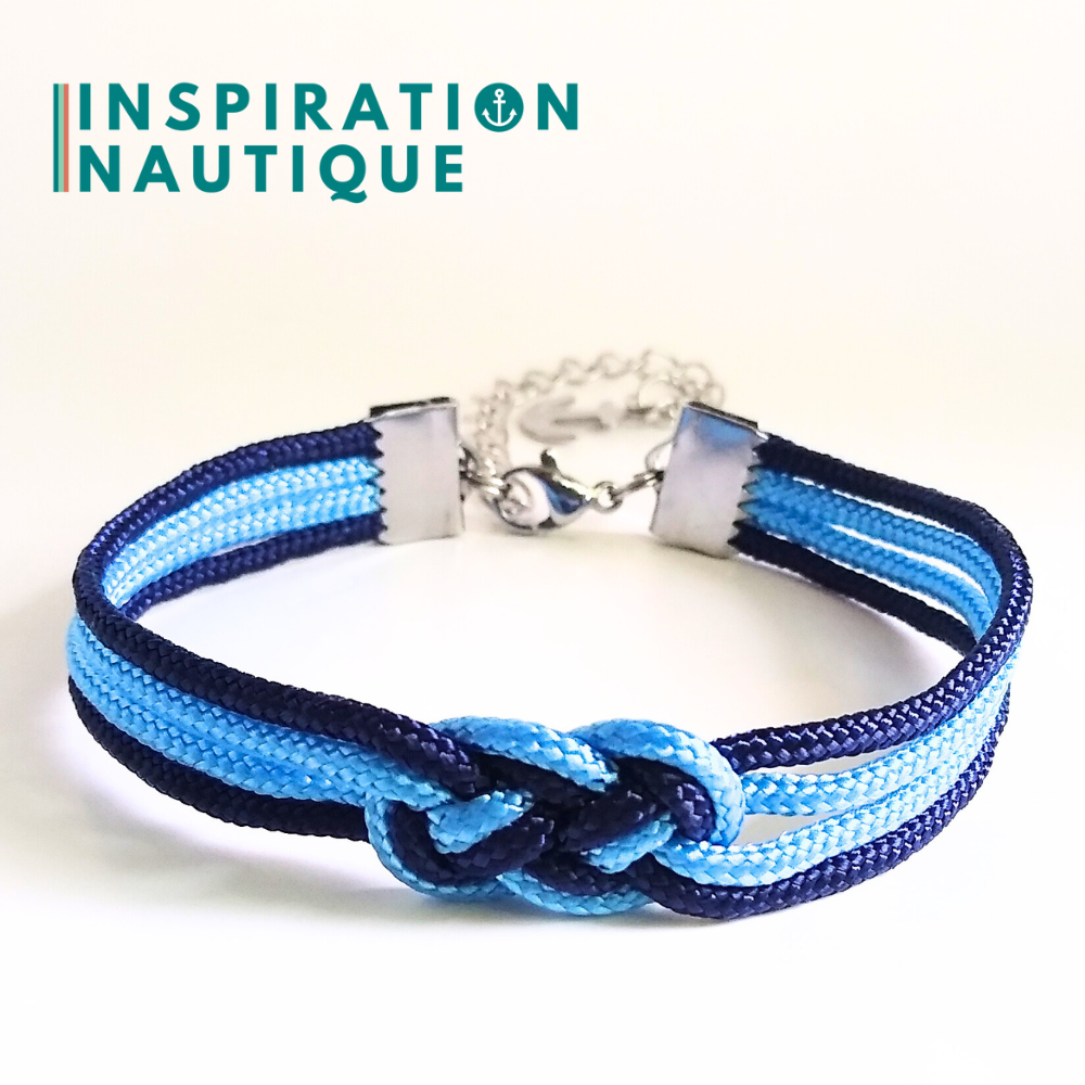 Bracelet marin avec mini noeud de carrick double, Bleu pâle et marine, Medium