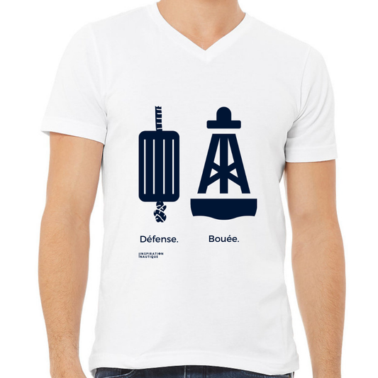 T-shirt unisexe col en V - Bouée vs défense - Visuel marine