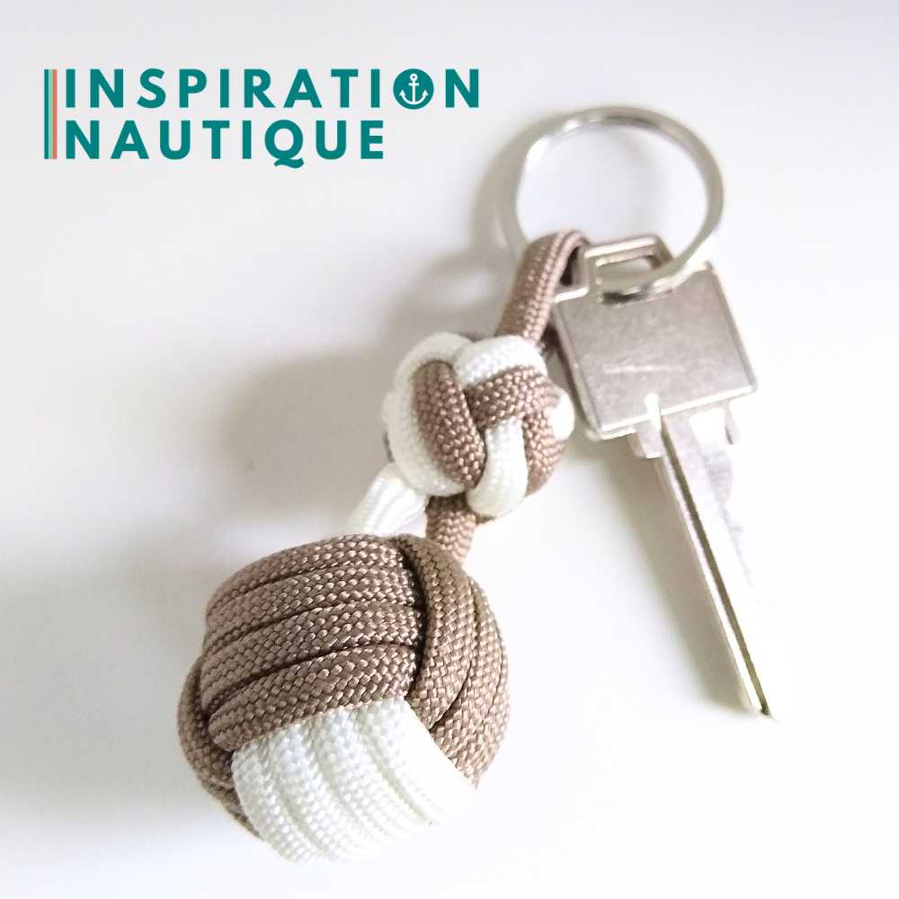 Porte-clé noeud poing de singe et double noeud de sifflet de bosco, Blanc et sable