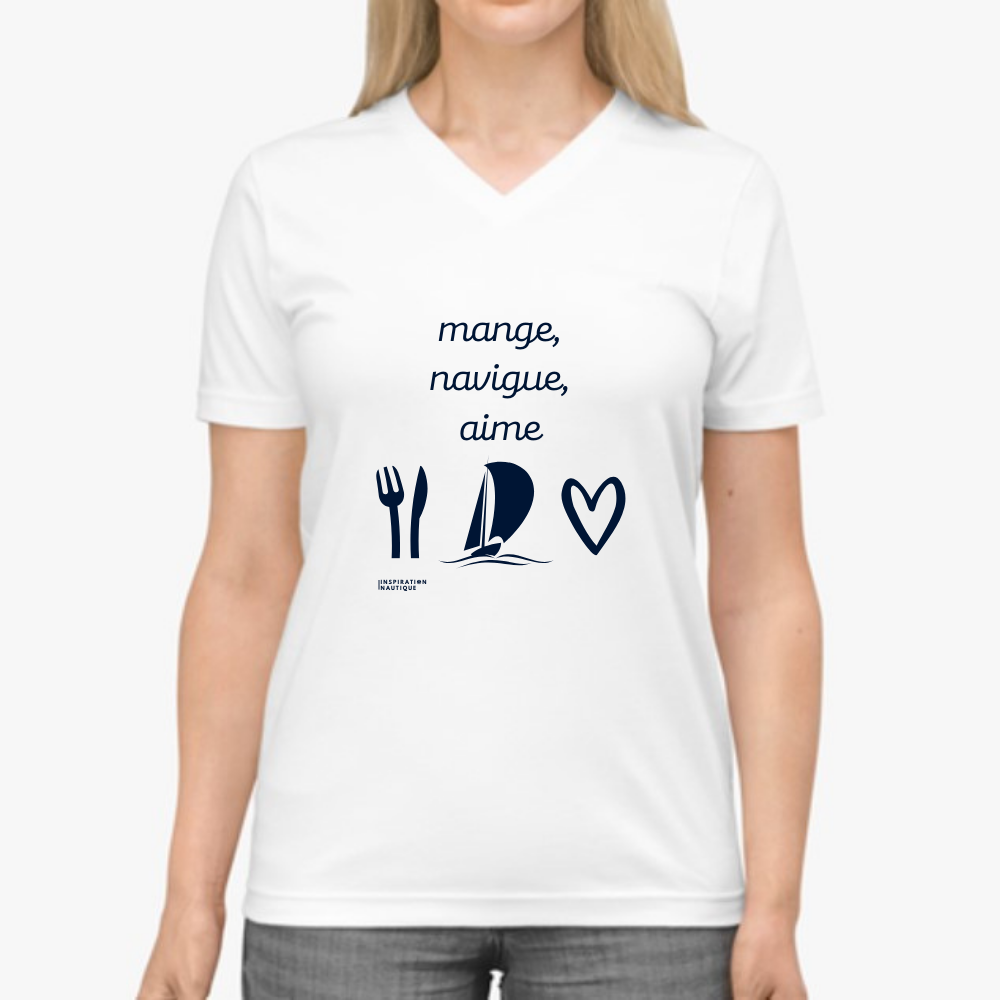 T-shirt unisexe col en V - Mange, navigue, aime (voilier) - Visuel marine
