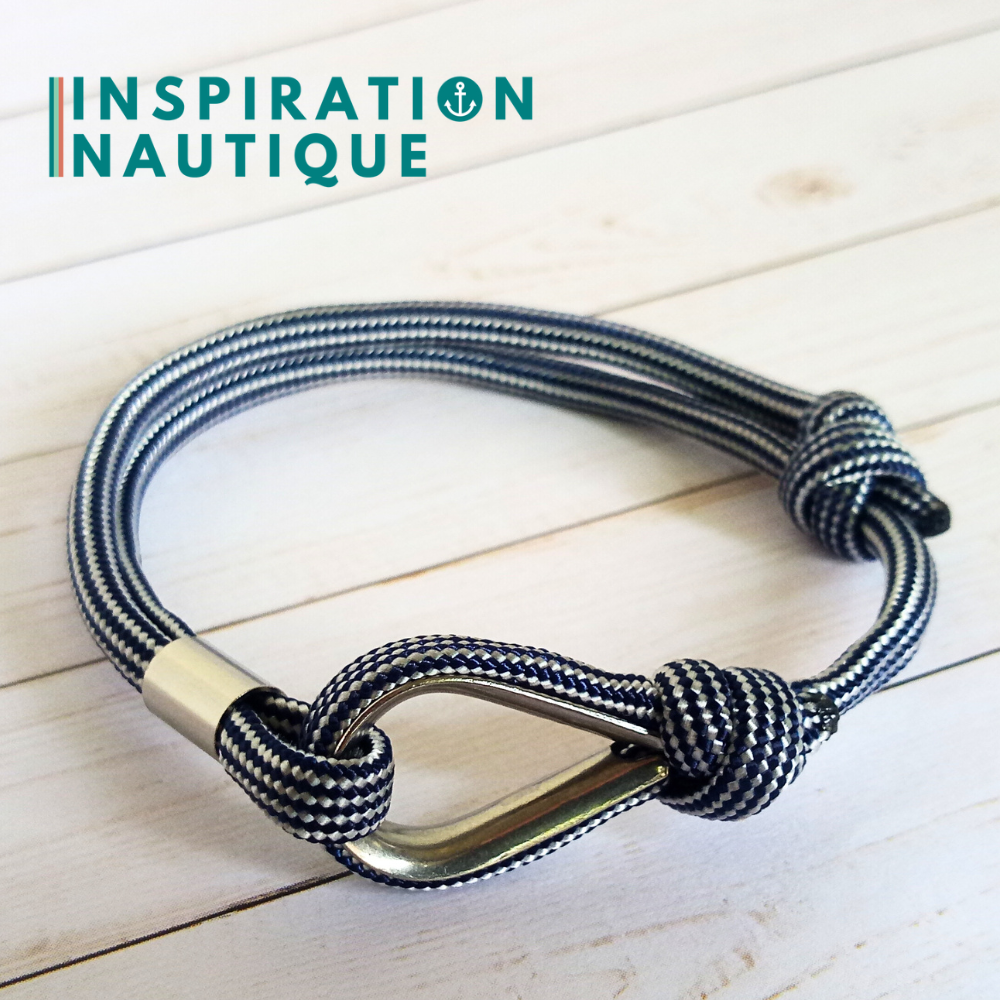 Bracelet marin avec cosse et noeud de pêcheur, Marine et blanc ligné