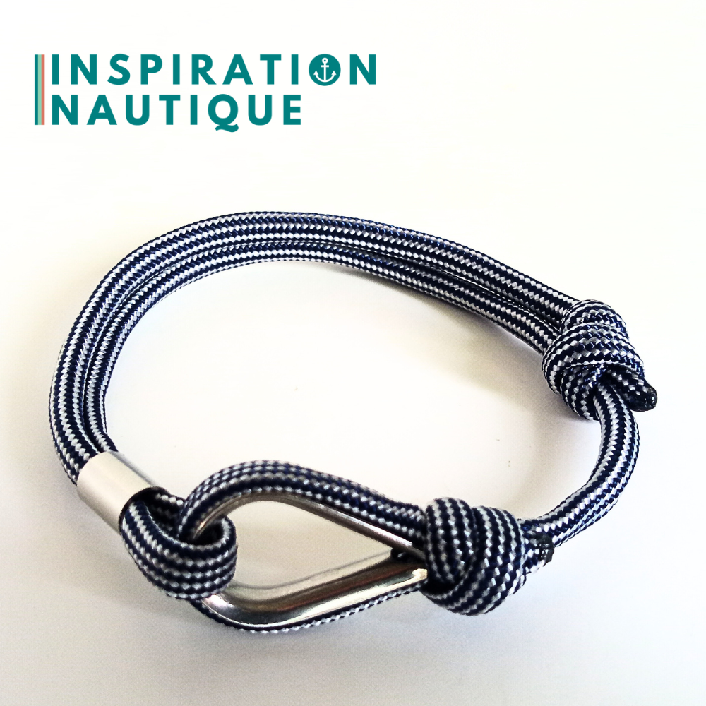 Bracelet marin avec cosse et noeud de pêcheur, Marine et blanc ligné