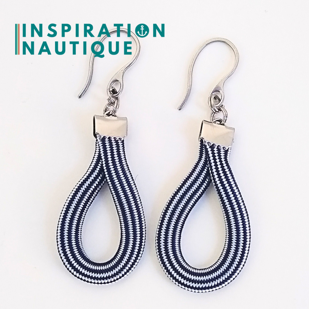 Boucles d'oreilles Goutte, Marine et blanc ligné
