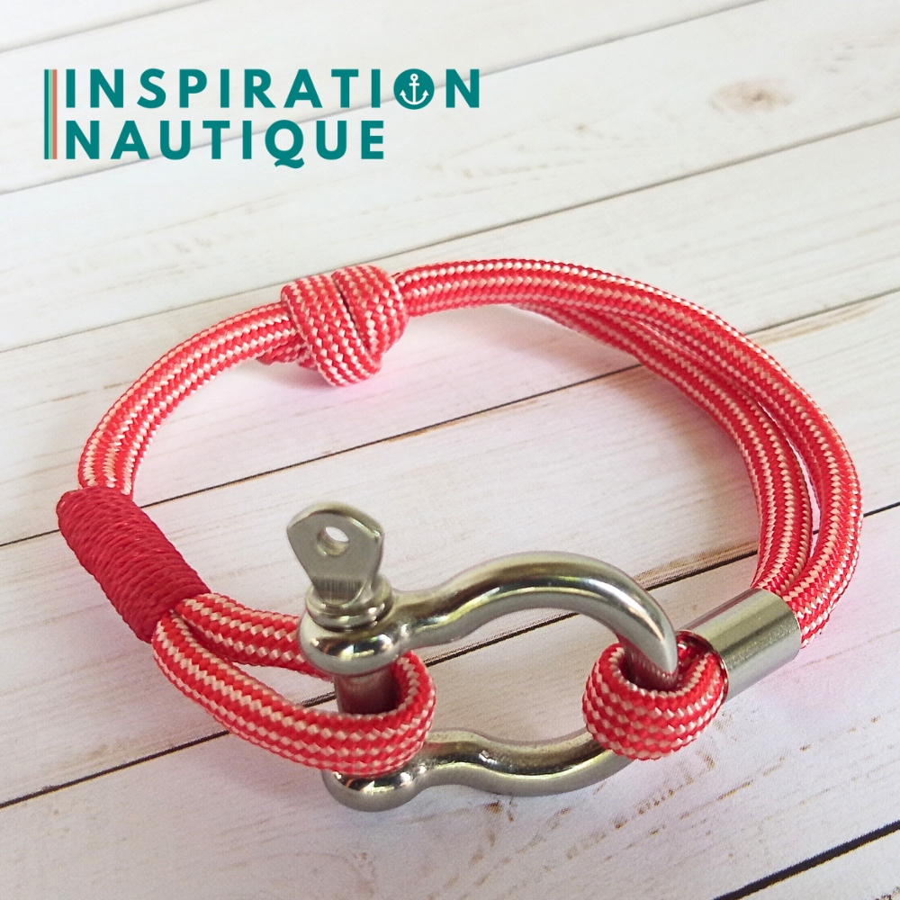 Bracelet marin avec manille en paracorde 550 et acier inoxydable, ajustable, Rouge et blanc, ligné