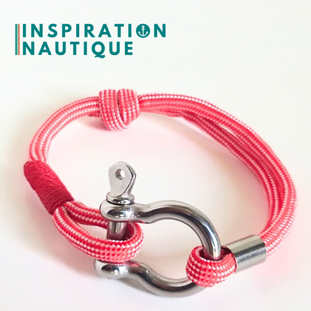 Bracelet marin avec manille en paracorde 550 et acier inoxydable, ajustable, Rouge et blanc, ligné