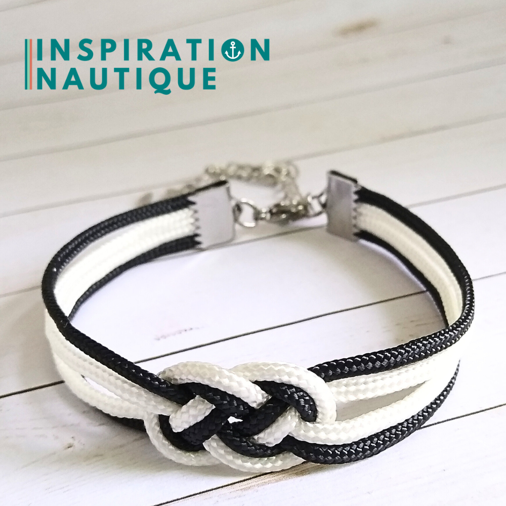 Bracelet marin avec mini noeud de carrick double, Noir et blanc