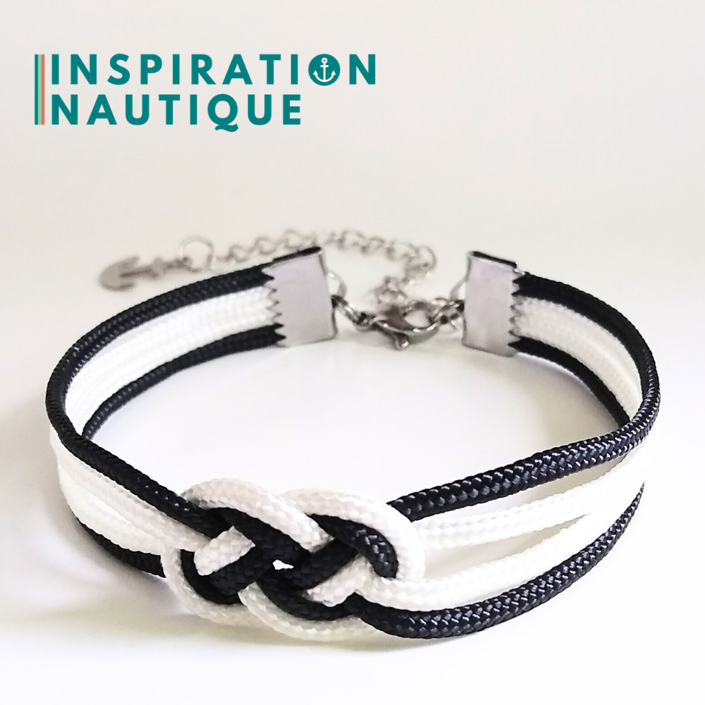 Bracelet marin avec mini noeud de carrick double, Noir et blanc